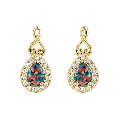 Pear Shape Created Black Opal & Diamond Swirl Heart Earrings in 10k Yellow Gold